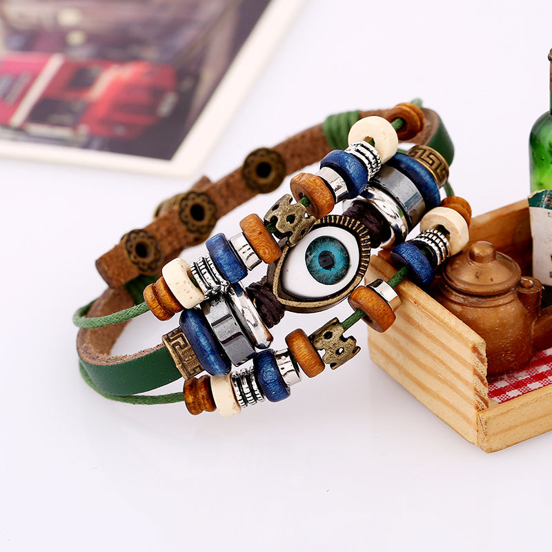 Wholesale Trendy Beaded Eye Leather Bracelet Black Unisex Jewelry Accessory for Resale