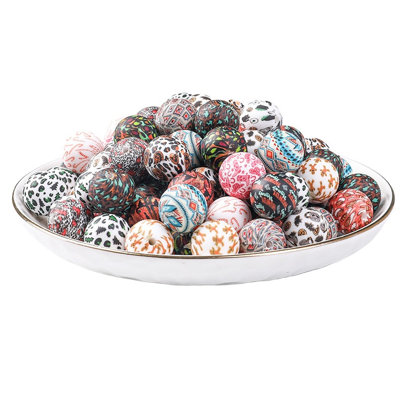 Wholesale 100pcs Western Style Aztec Denim Leopard Print 15mm Silicone Beads DIY Beading Accessories ACC-BDS-RongFa009