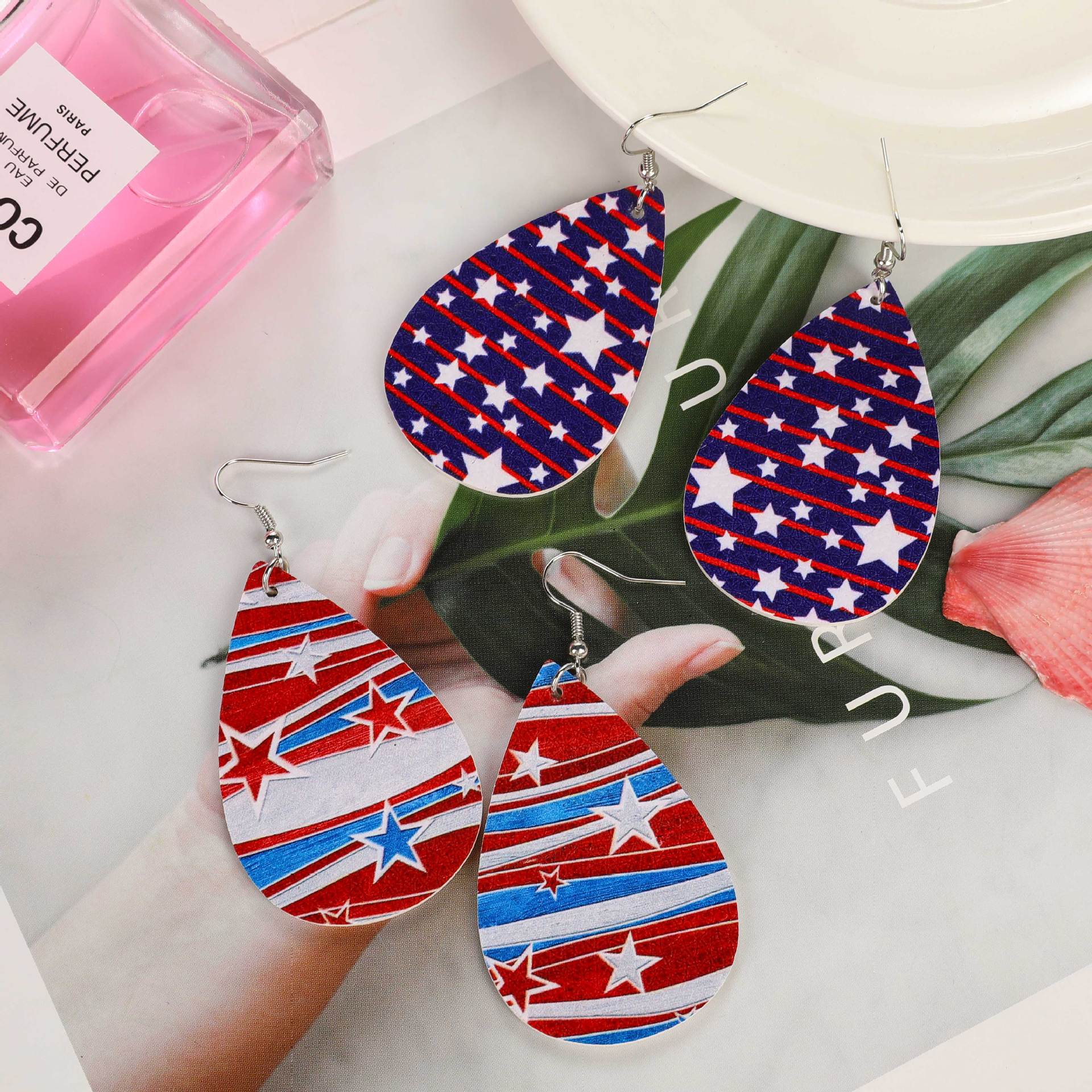Wholesale American Flag Water Drop Leather Earrings Independence Day Five Pointed Star Striped Earrings ACC-ES-Yongz002