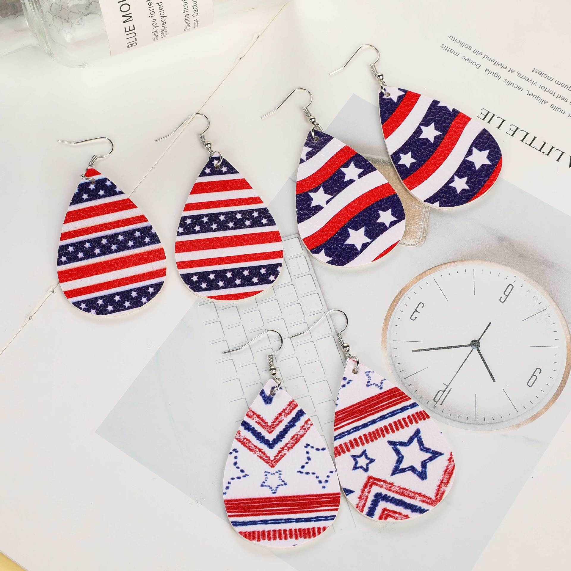 Wholesale American Flag Water Drop Leather Earrings Independence Day Five Pointed Star Striped Earrings ACC-ES-Yongz002