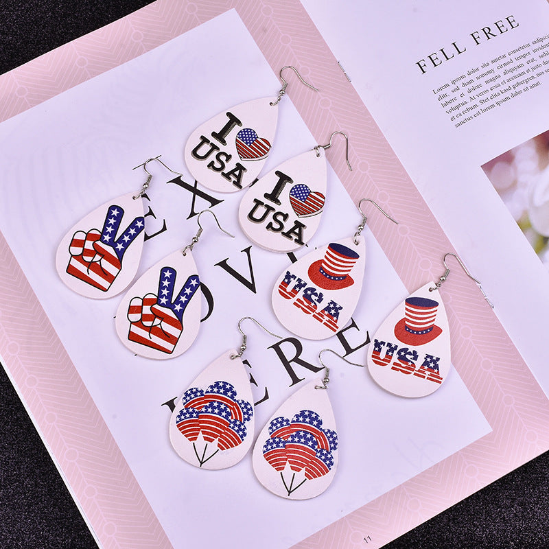 Wholesale American Flag Earrings PU Leather Multi-Layered Drop Shape Earrings Five-Pointed Star Earrings Independence Day ACC-ES-Yongz001