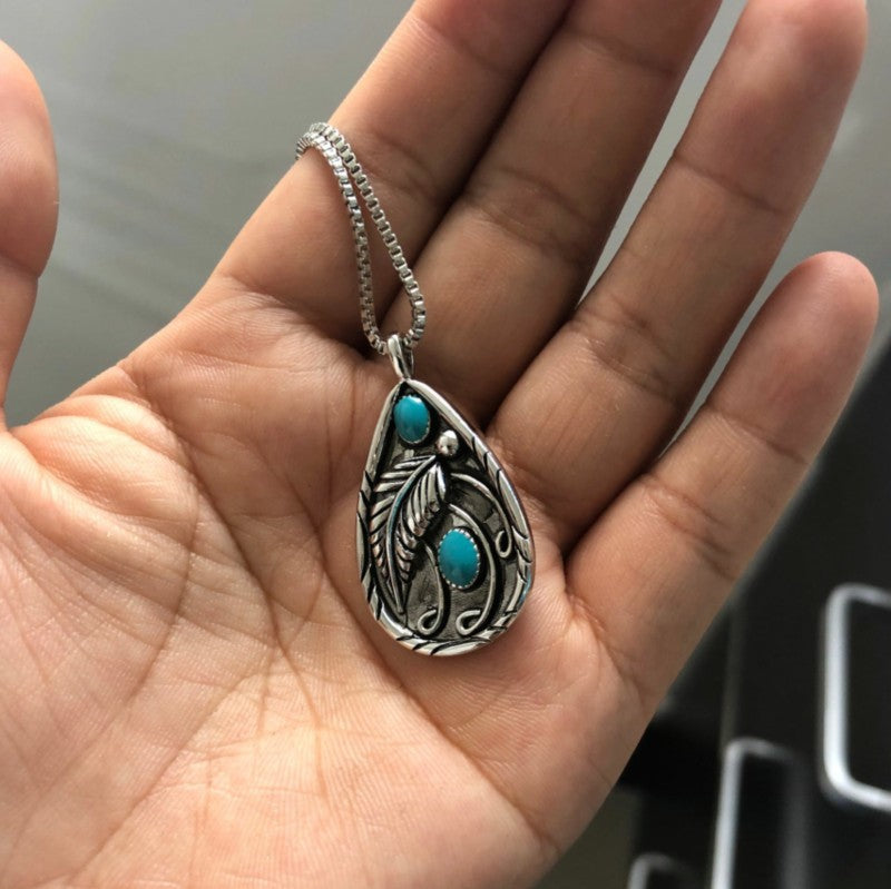 Wholesale Silver Plated Vintage Black Feather Pendant Necklace Turquoise Inlay Women S Jewelry Gift