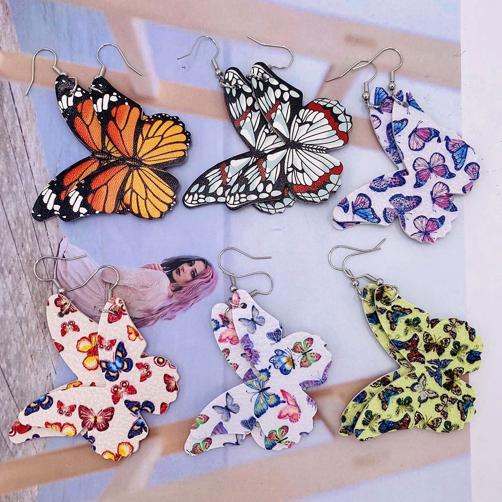 Wholesale Butterfly leather earrings  double-sided printed PU leather earrings