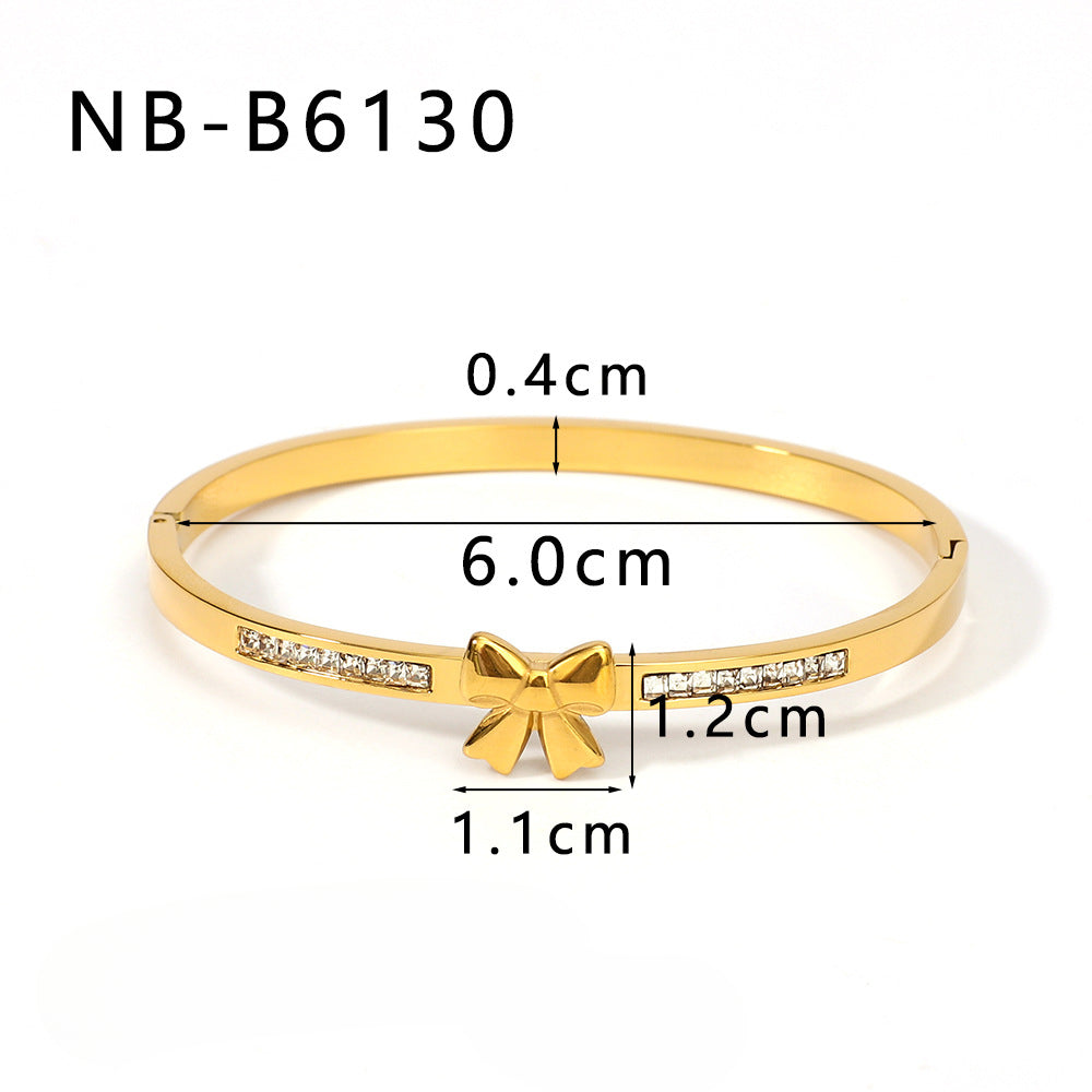 Wholesale Bow Inlaid Zircon Asymmetric Stainless Steel 18k Gold Plated Buckle Bracelet ACC-BT-XinY028