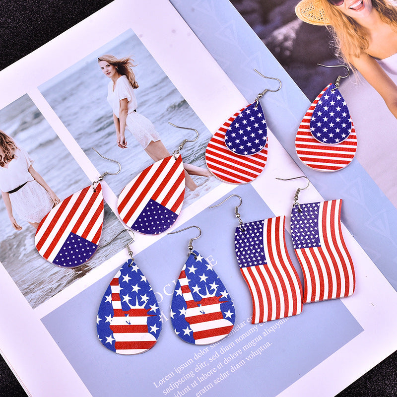 Wholesale American Flag Earrings PU Leather Multi-Layered Drop Shape Earrings Five-Pointed Star Earrings Independence Day ACC-ES-Yongz001