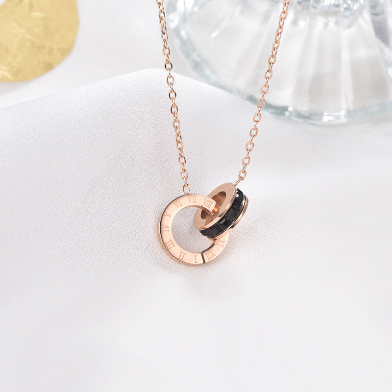 Wholesale Steel-titanium double-ring zircon necklace
