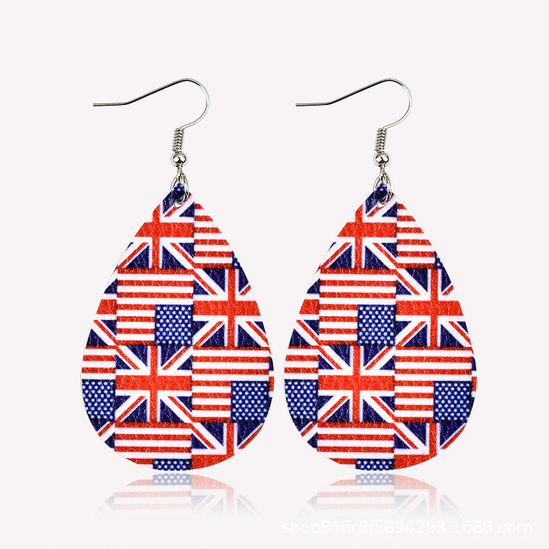 Wholesale American Flag Water Drop Leather Earrings Independence Day Five Pointed Star Striped Earrings ACC-ES-Yongz002