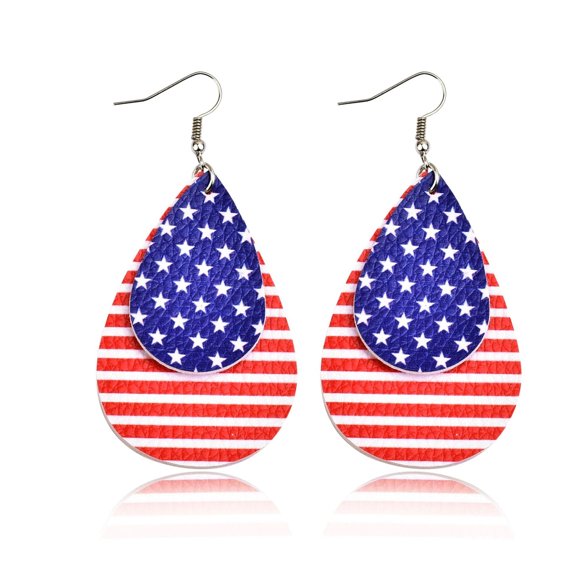 Wholesale American Flag Earrings PU Leather Multi-Layered Drop Shape Earrings Five-Pointed Star Earrings Independence Day ACC-ES-Yongz001