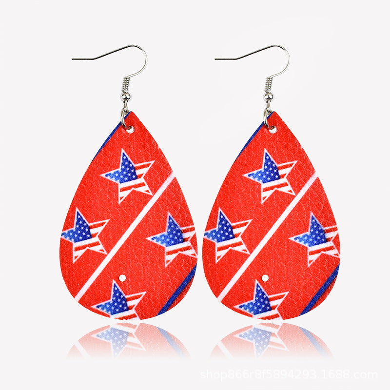 Wholesale American Flag Water Drop Leather Earrings Independence Day Five Pointed Star Striped Earrings ACC-ES-Yongz002