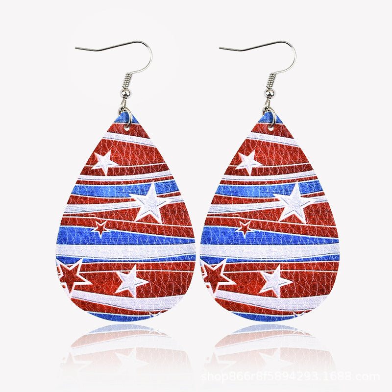 Wholesale American Flag Water Drop Leather Earrings Independence Day Five Pointed Star Striped Earrings ACC-ES-Yongz002
