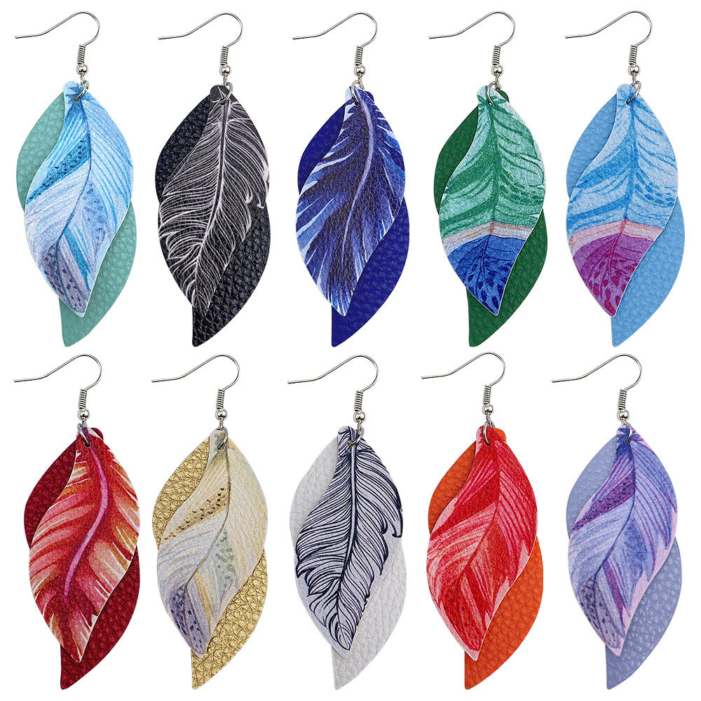 Wholesale Leaf Leather Earrings S-Shaped Double-Layer Feather Printed Earrings