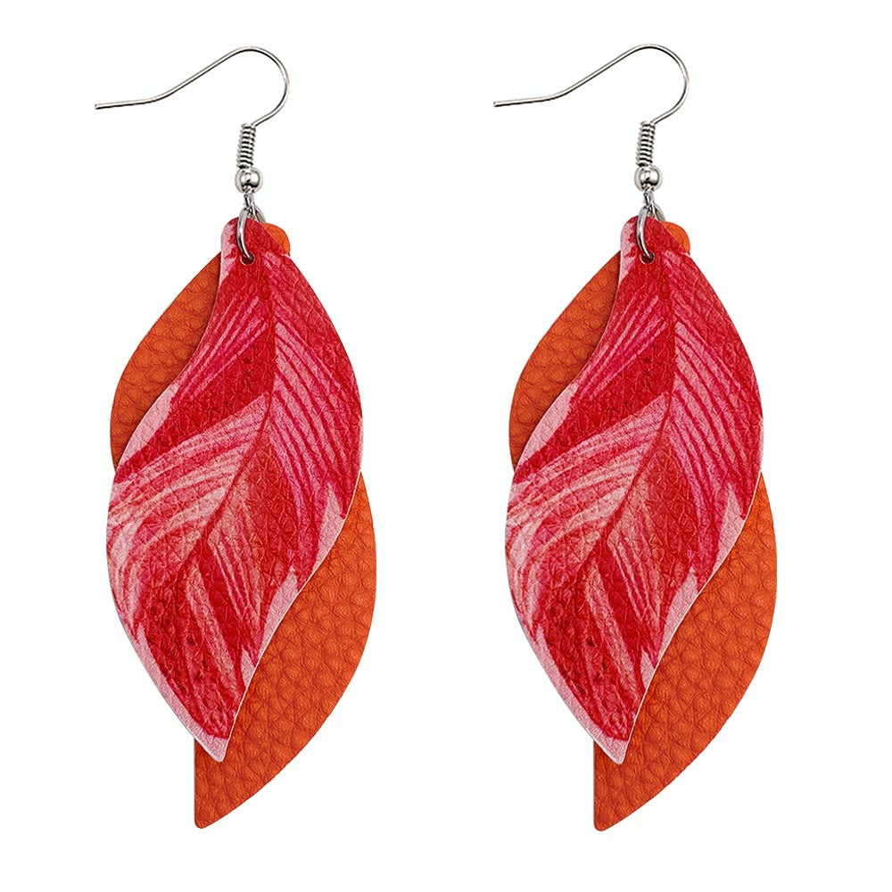Wholesale Leaf Leather Earrings S-Shaped Double-Layer Feather Printed Earrings