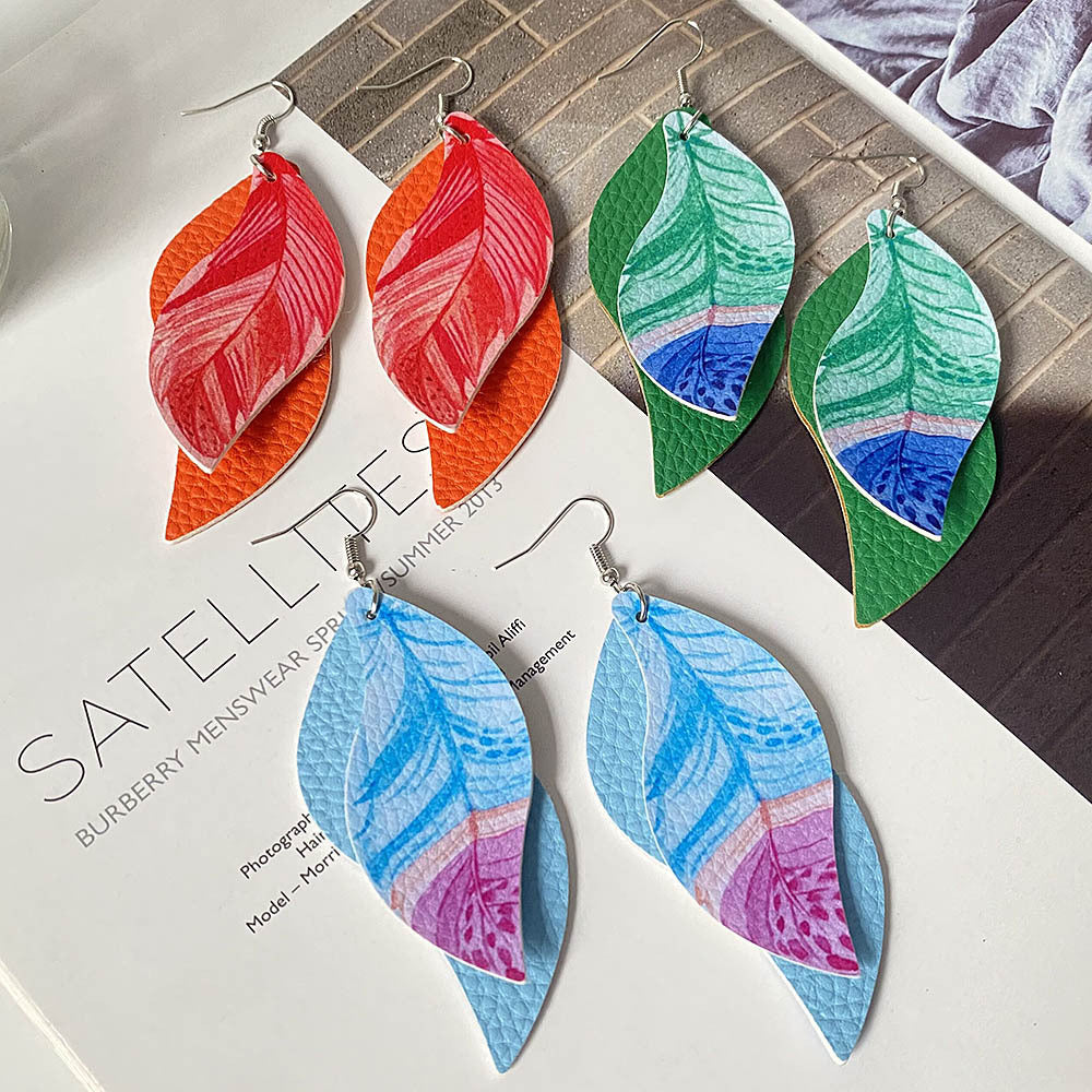 Wholesale Leaf Leather Earrings S-Shaped Double-Layer Feather Printed Earrings