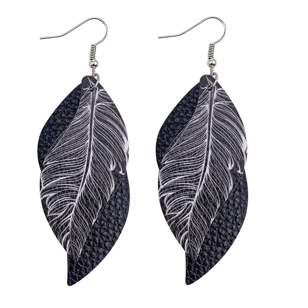 Wholesale Leaf Leather Earrings S-Shaped Double-Layer Feather Printed Earrings