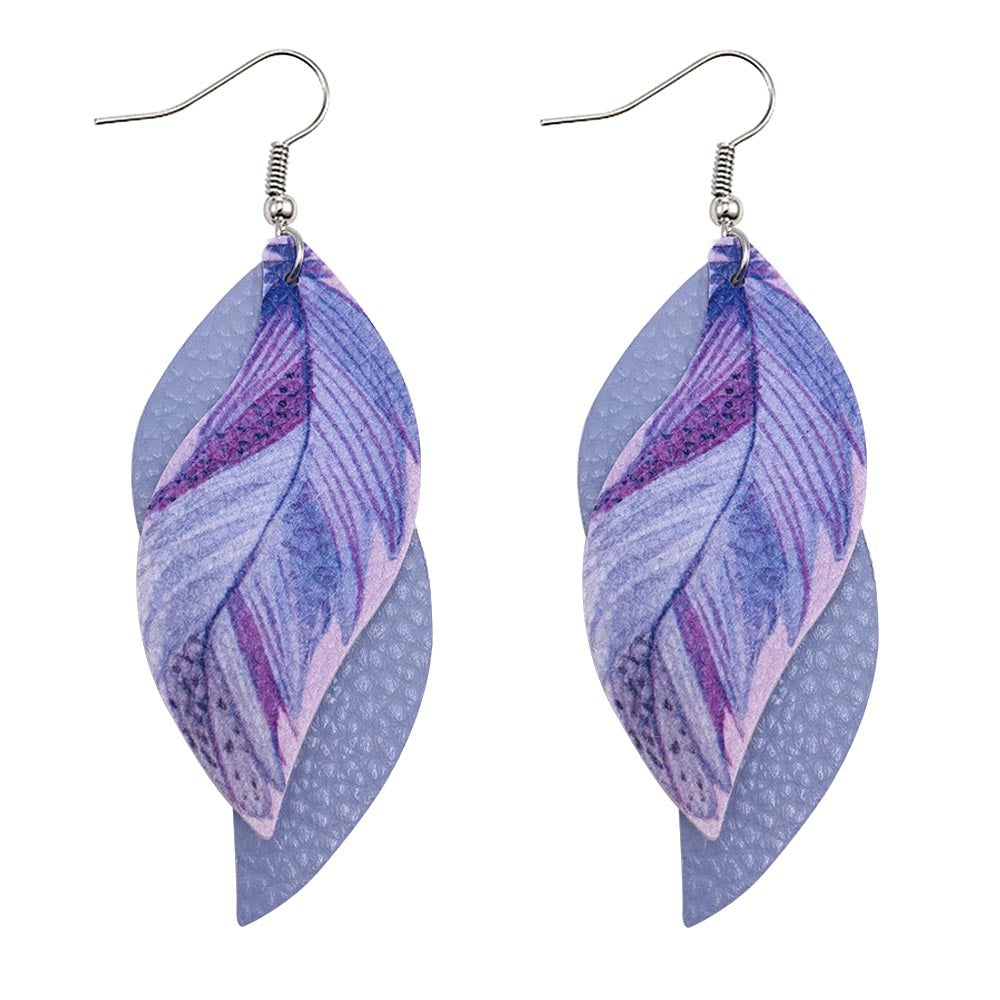 Wholesale Leaf Leather Earrings S-Shaped Double-Layer Feather Printed Earrings