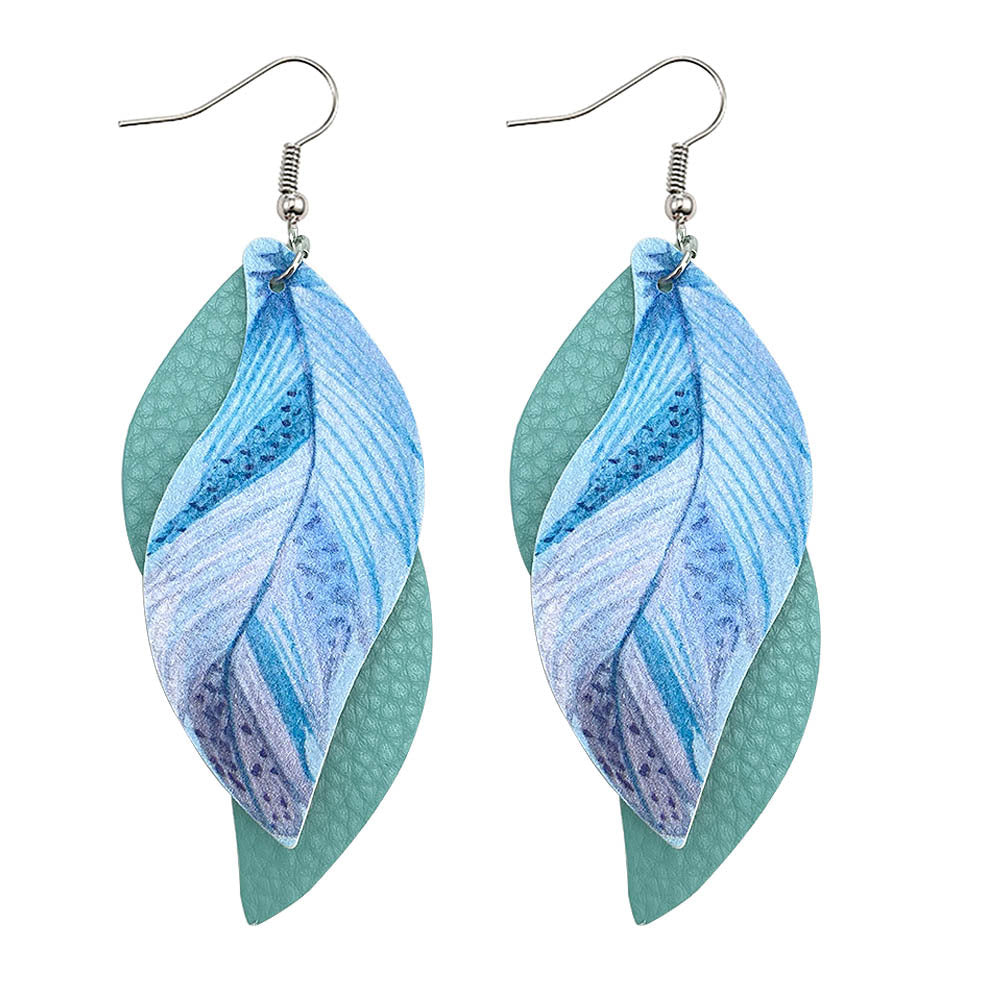 Wholesale Leaf Leather Earrings S-Shaped Double-Layer Feather Printed Earrings
