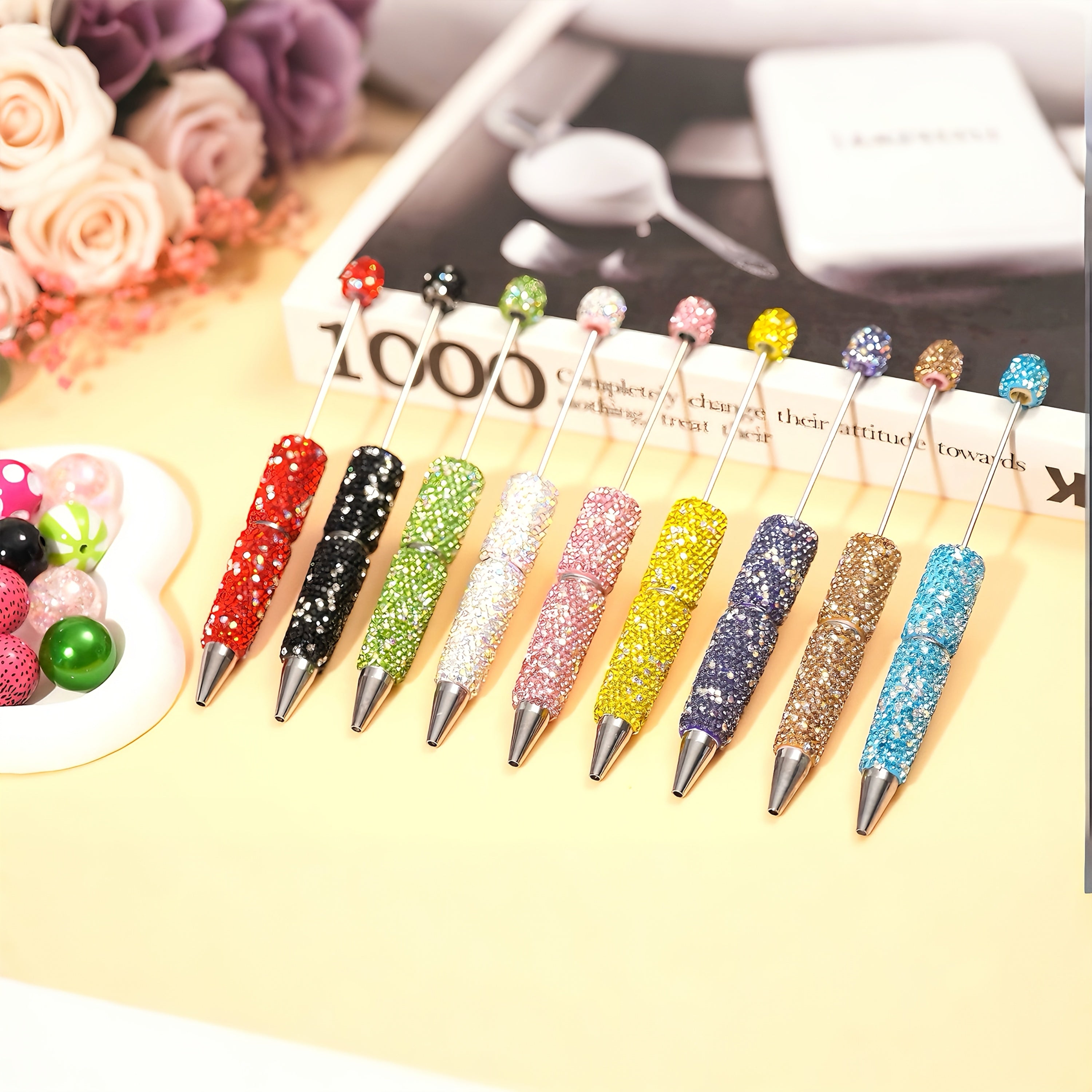 10pcs Glitter Beadable Pen Full Rhinestone Beadable Pen Shiny Fancy Pens for Beads Cute Journalling DIY Beaded Pen for Women Fun Bling Ballpoint Pens Back to School DIY Trendy Stuff