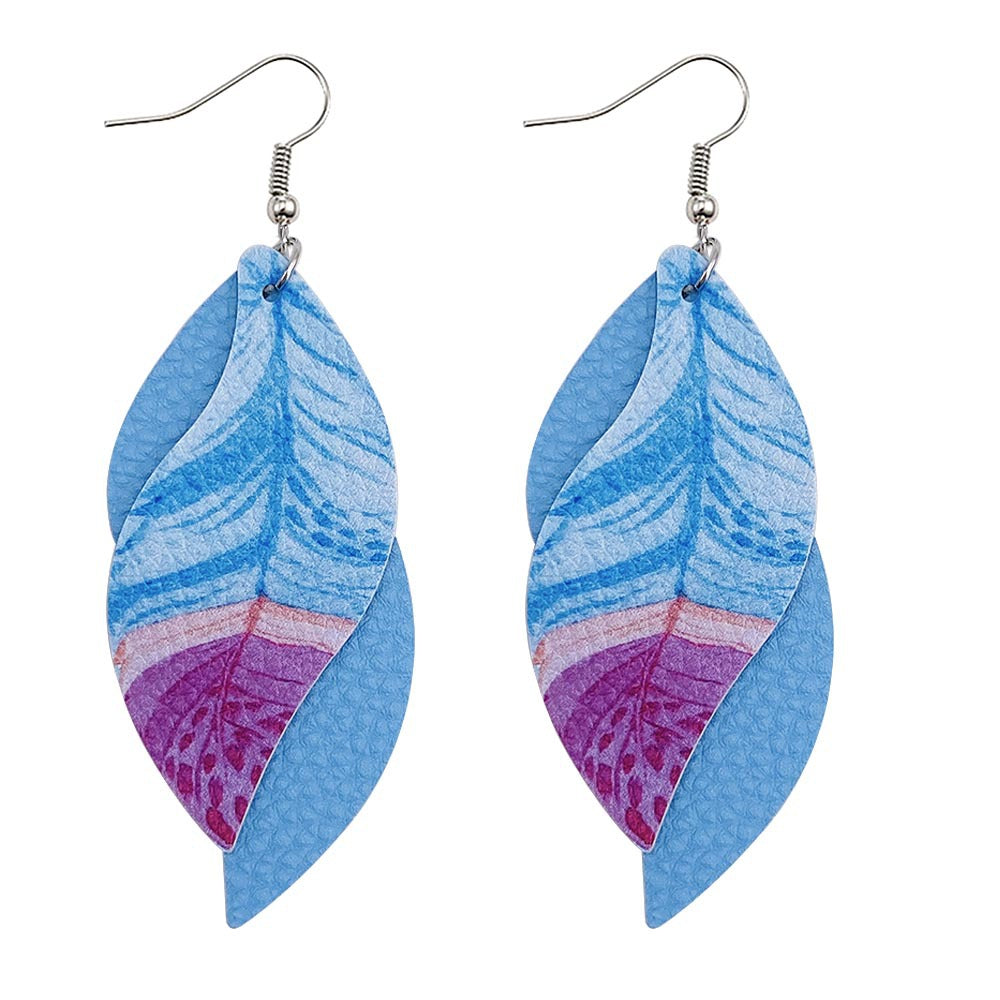 Wholesale Leaf Leather Earrings S-Shaped Double-Layer Feather Printed Earrings