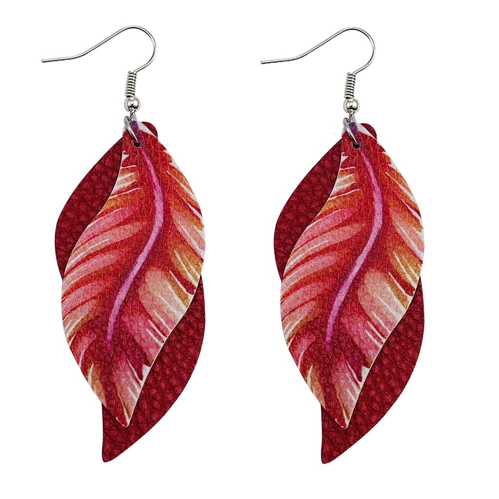 Wholesale Leaf Leather Earrings S-Shaped Double-Layer Feather Printed Earrings