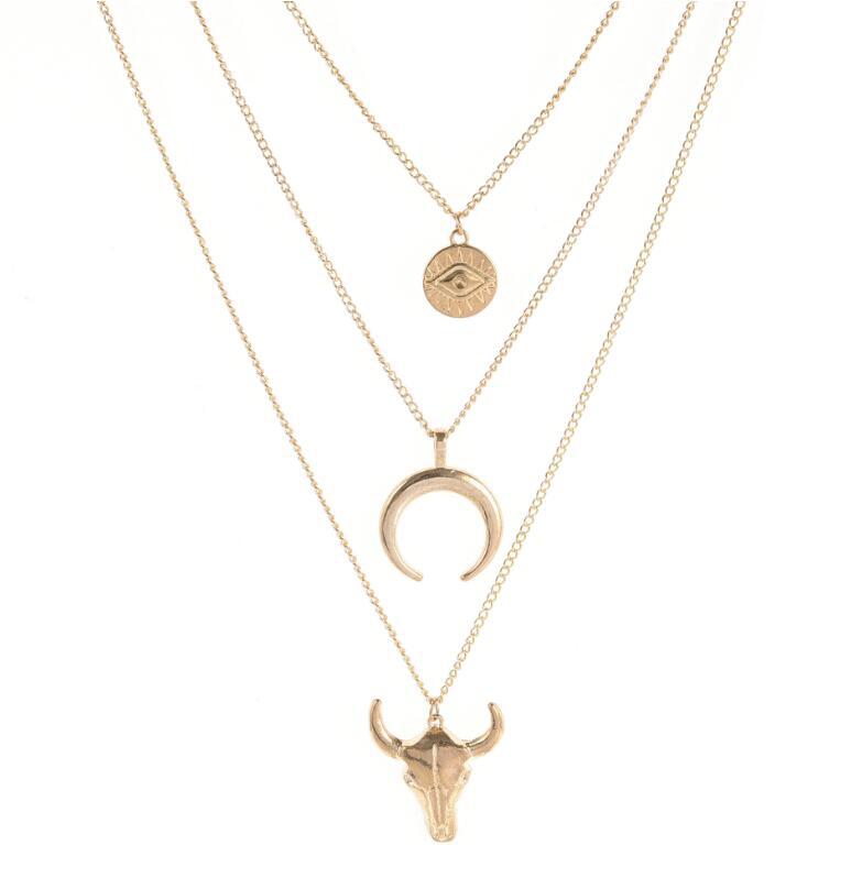 Wholesale fashion simple alloy cow head geometric disc eyes horn multilayer necklace
