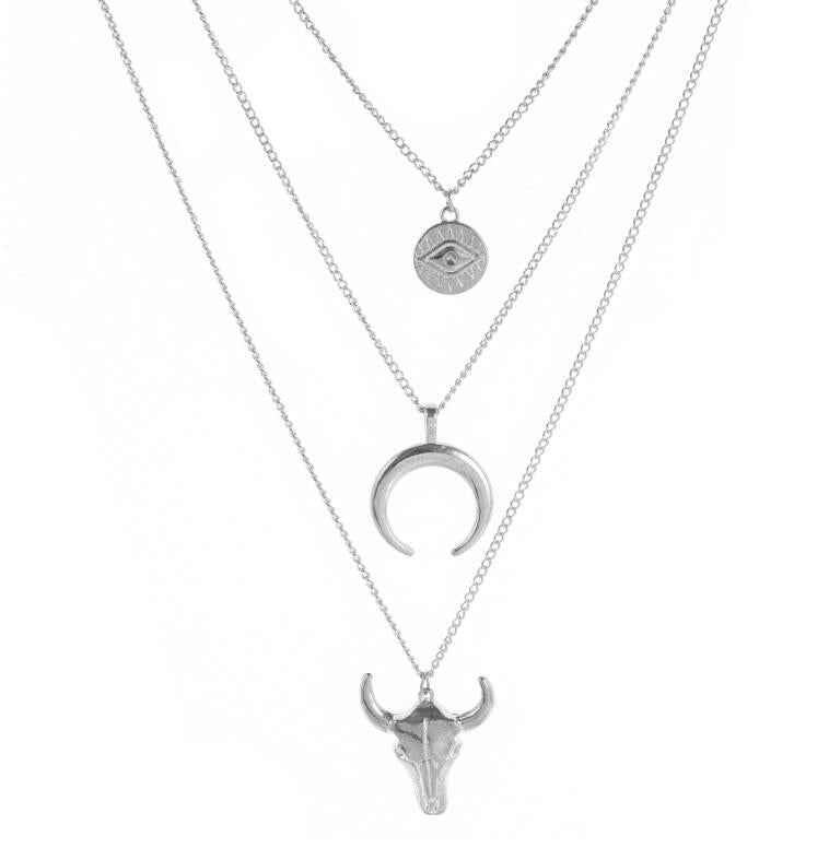 Wholesale fashion simple alloy cow head geometric disc eyes horn multilayer necklace