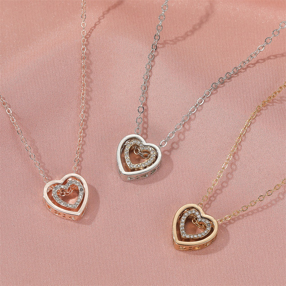 Wholesale Fashion Double Heart Pendant Necklace Alloy Gold Tone Chain Jewelry Accessory