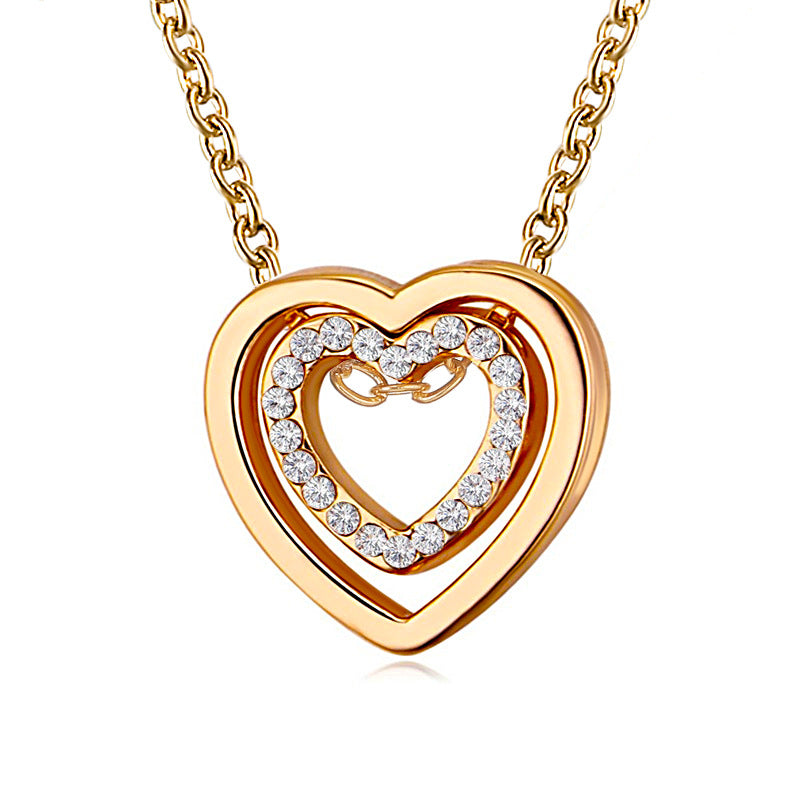 Wholesale Fashion Double Heart Pendant Necklace Alloy Gold Tone Chain Jewelry Accessory