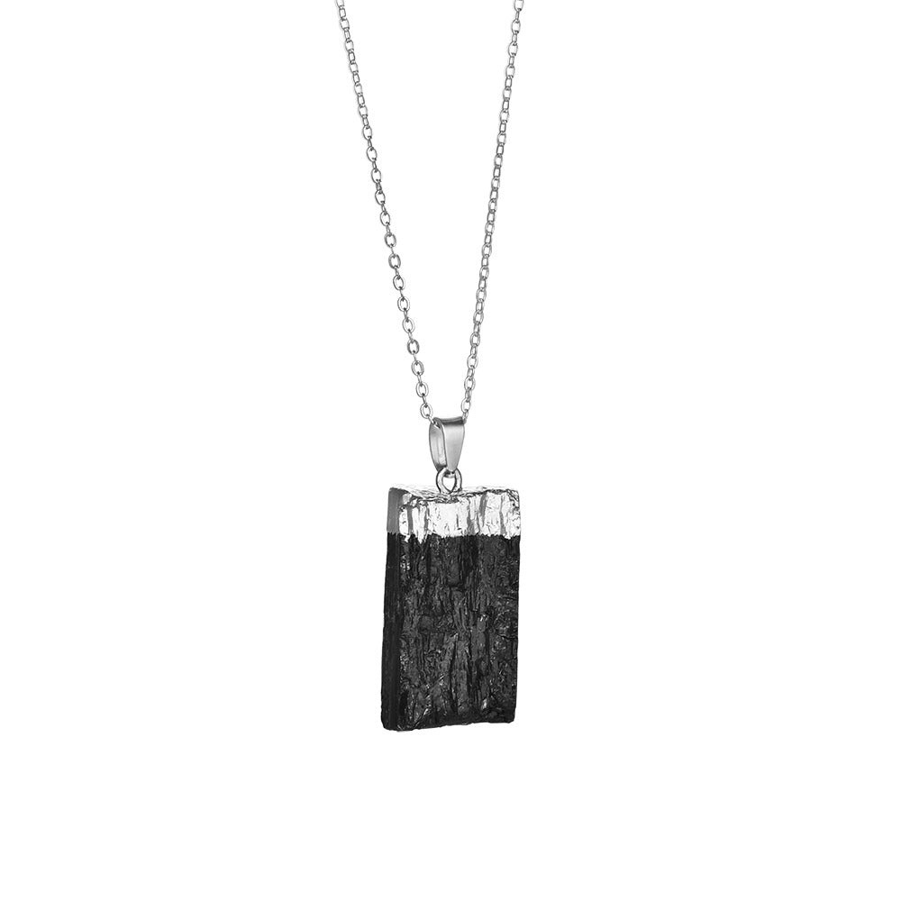 Wholesale Black Natural Stone Irregular Pendant Raw Stone Alloy Necklace ACC-NE-ZhuangZ004
