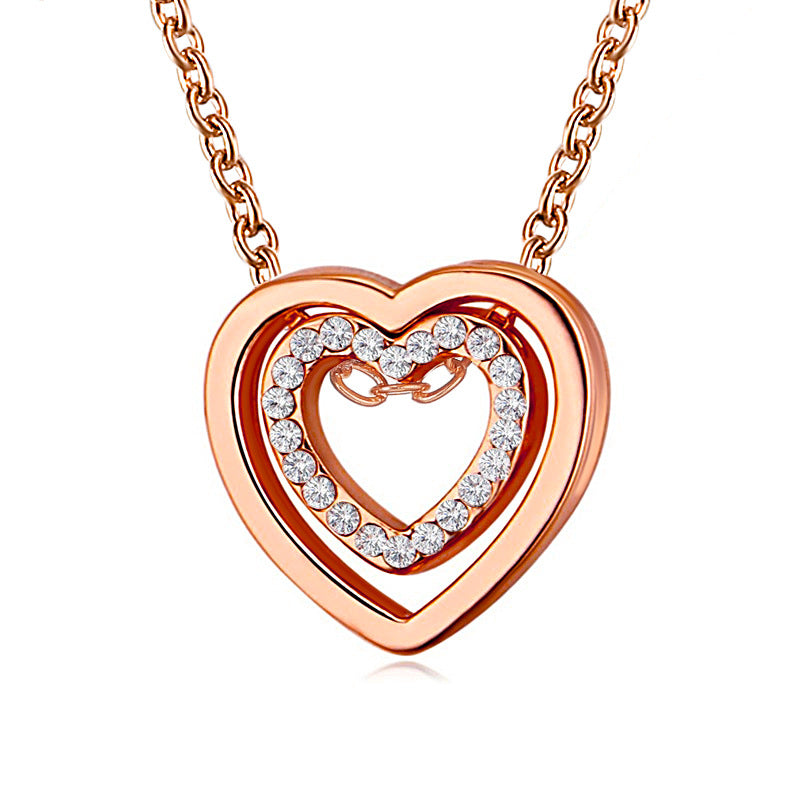 Wholesale Fashion Double Heart Pendant Necklace Alloy Gold Tone Chain Jewelry Accessory