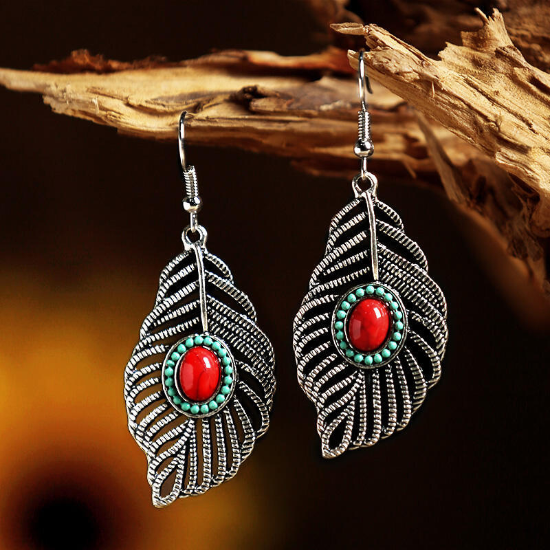 Wholesale Hollow Feather Leaf Shape Inlaid Colorful Turquoise Earrings