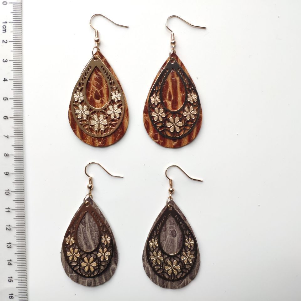 Wholesale 3 Pairs/Pack Vintage Genuine Leather Hollow Flower Earrings ACC-ES-HY093