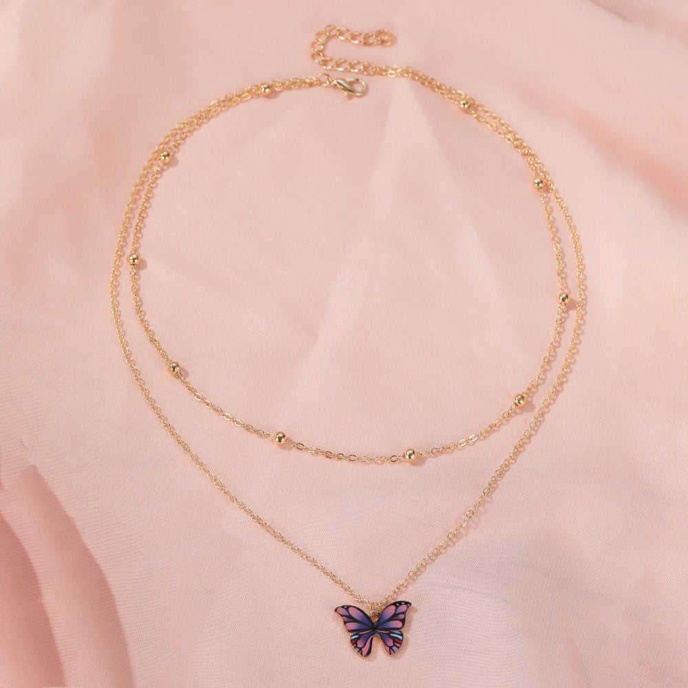 Wholesale Vintage Double Layer Beads Butterfly Necklace Clavicle Chain Choker Necklace ACC-NE-MY009