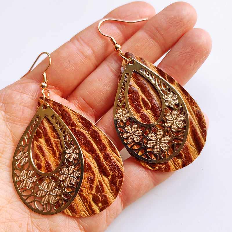 Wholesale 3 Pairs/Pack Vintage Genuine Leather Hollow Flower Earrings ACC-ES-HY093