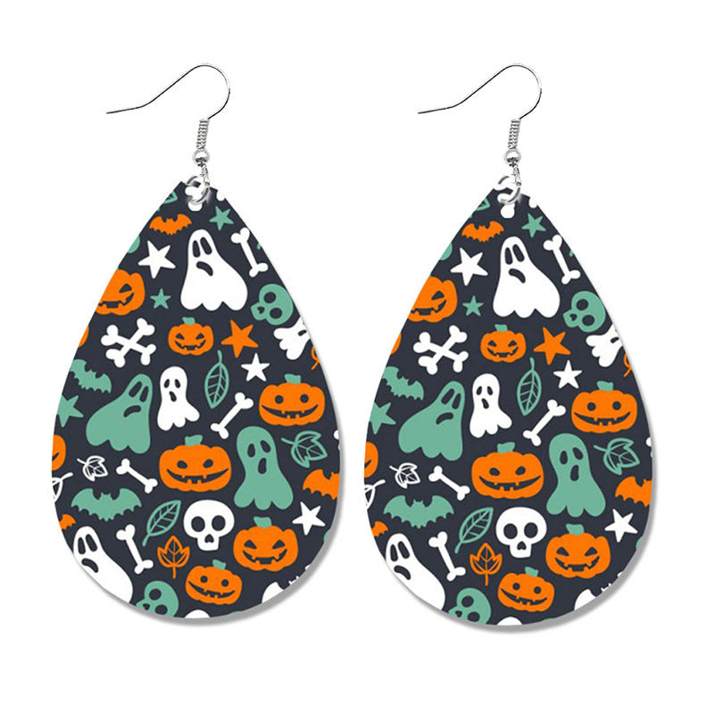 Wholesale Halloween Pumpkin Ghost Candy Print Water Drop Leather Earrings ACC-ES-HY107