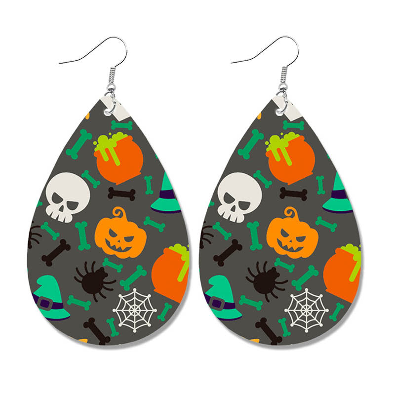 Wholesale Halloween Pumpkin Ghost Candy Print Water Drop Leather Earrings ACC-ES-HY107