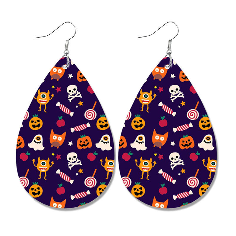 Wholesale Halloween Pumpkin Ghost Candy Print Water Drop Leather Earrings ACC-ES-HY107