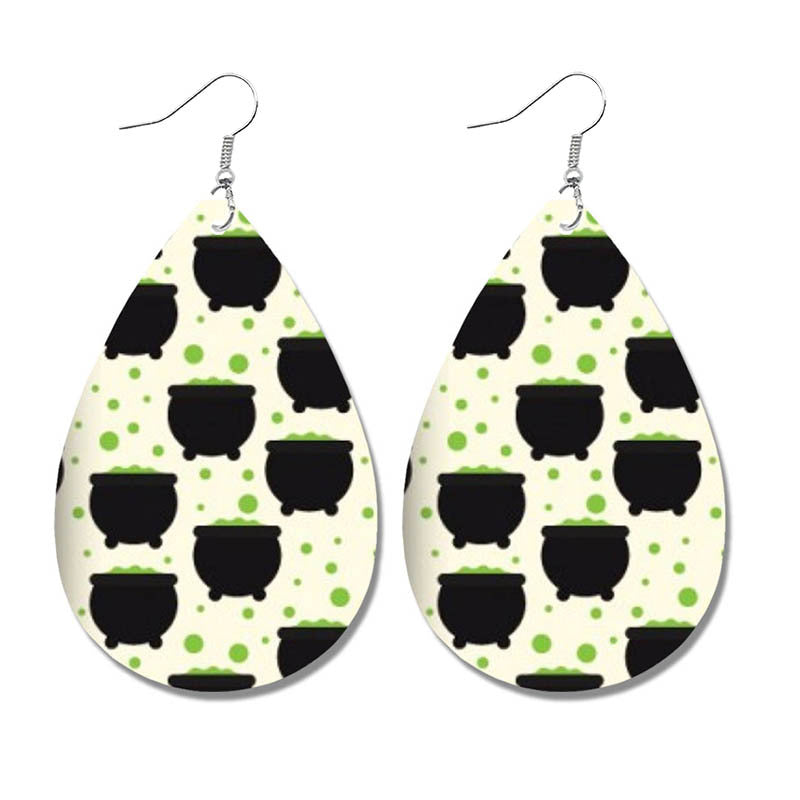 Wholesale Halloween Spider Fun Pumpkin Bat Print Water Drop Leather Earrings ACC-ES-HY106