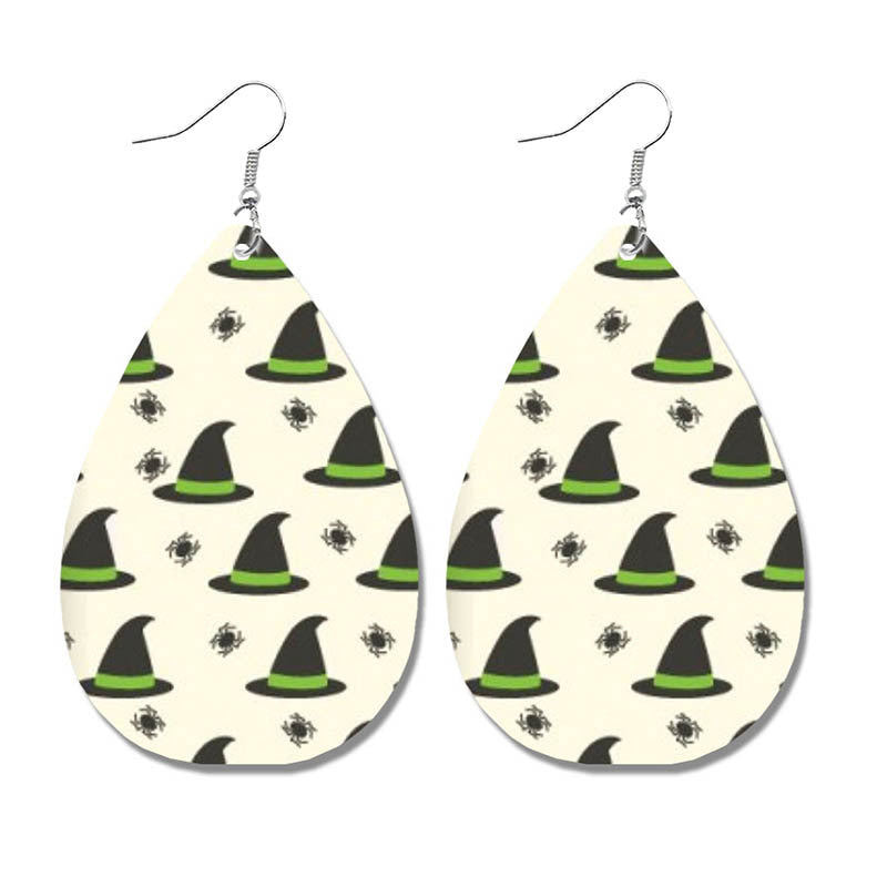 Wholesale Halloween Spider Fun Pumpkin Bat Print Water Drop Leather Earrings ACC-ES-HY106