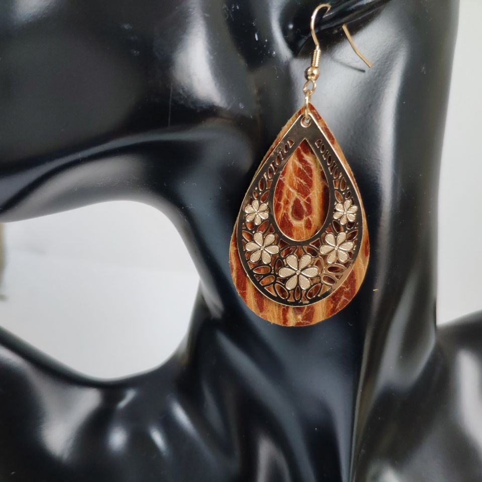 Wholesale 3 Pairs/Pack Vintage Genuine Leather Hollow Flower Earrings ACC-ES-HY093