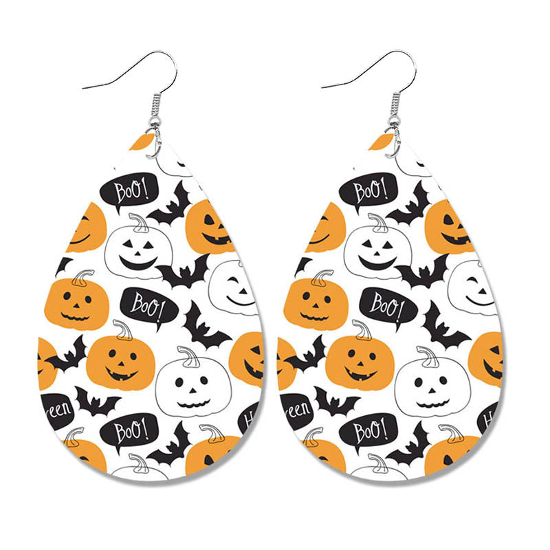 Wholesale Halloween Spider Fun Pumpkin Bat Print Water Drop Leather Earrings ACC-ES-HY106
