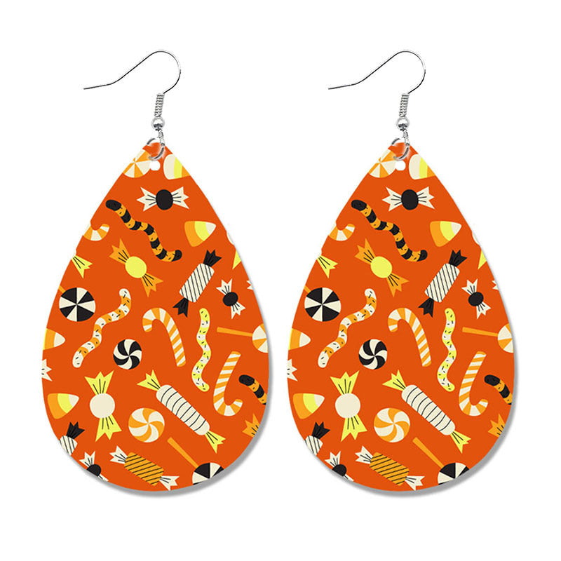 Wholesale Halloween Pumpkin Ghost Candy Print Water Drop Leather Earrings ACC-ES-HY107