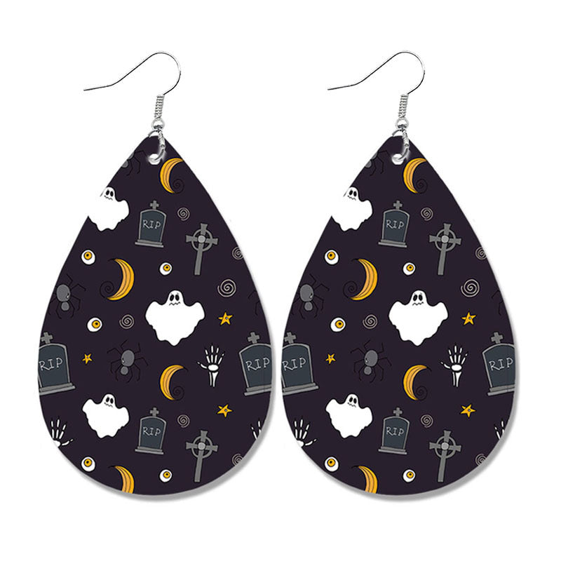 Wholesale Halloween Pumpkin Ghost Candy Print Water Drop Leather Earrings ACC-ES-HY107