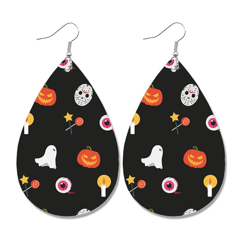 Wholesale Halloween Pumpkin Ghost Candy Print Water Drop Leather Earrings ACC-ES-HY107