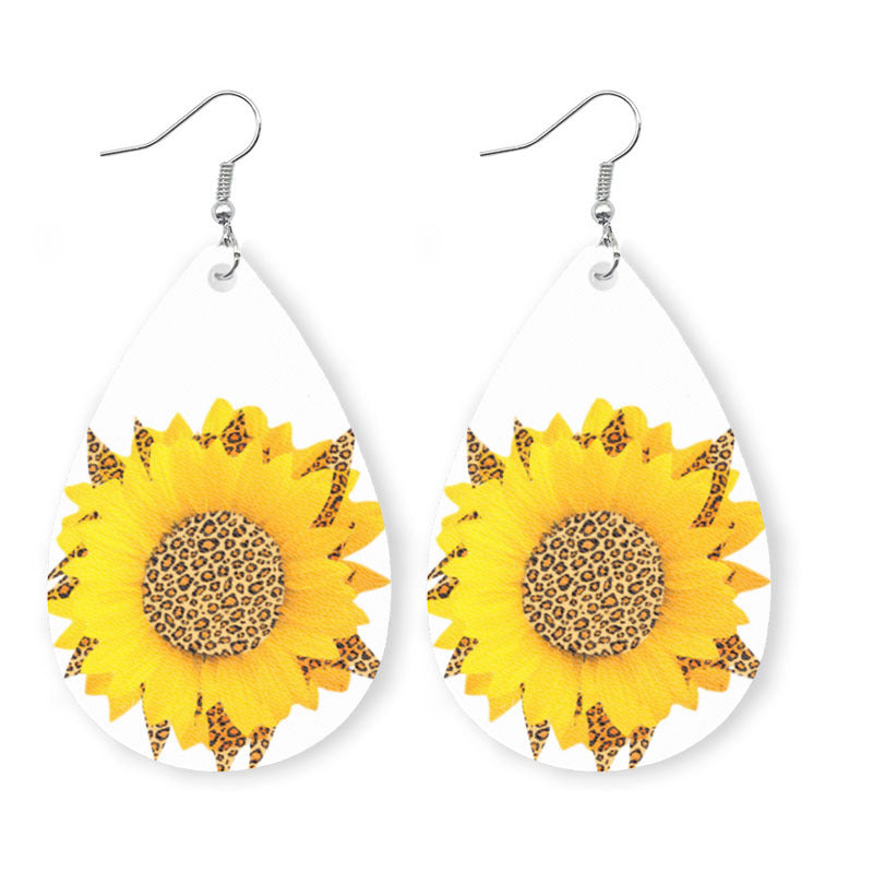 Wholesale 2 Pairs/pack Sunflower Leopard Print Drop-shaped Leather Earrings ACC-ES-HY055