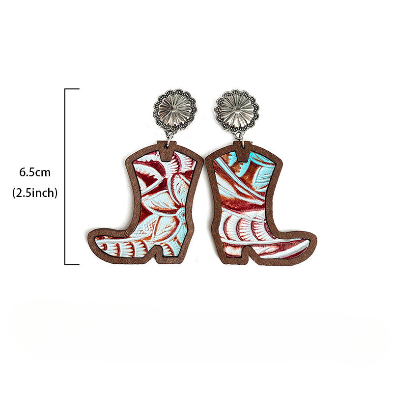 Wholesale Western Style Cowboy Boots Leopard Print Leather Earrings ACC-ES-XinChuan039