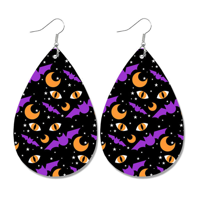 Wholesale Halloween Spider Fun Pumpkin Bat Print Water Drop Leather Earrings ACC-ES-HY106