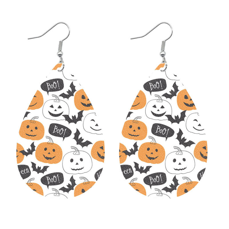 Wholesale Halloween Spider Fun Pumpkin Bat Print Water Drop Leather Earrings ACC-ES-HY106