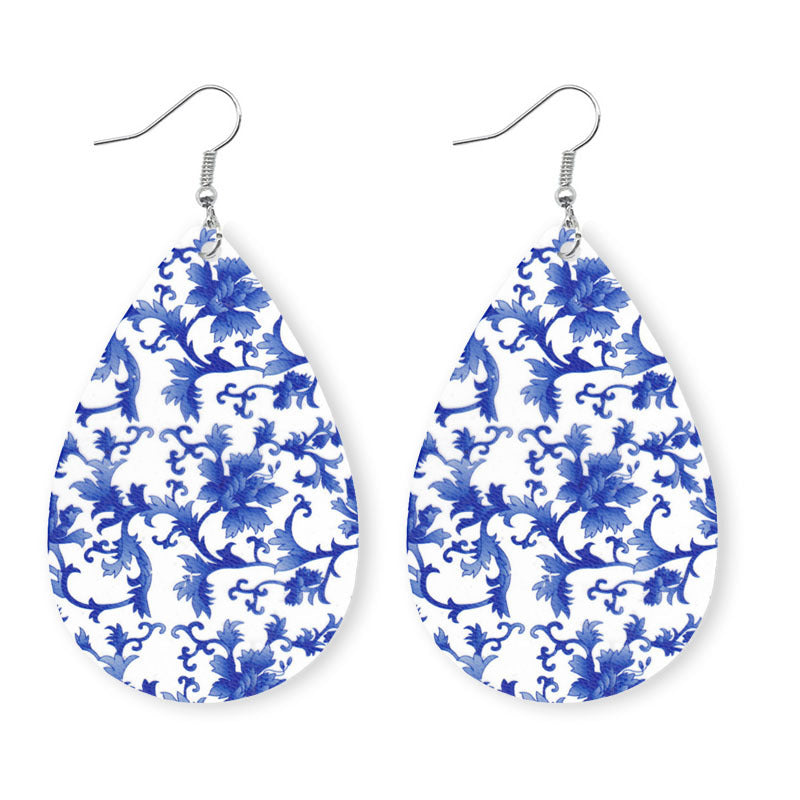 Wholesale 2 Pairs/pack Blue and White Porcelain Leather Earrings ACC-ES-HY068