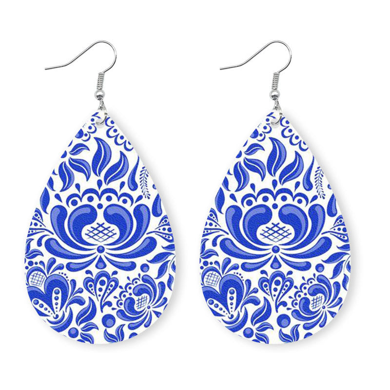 Wholesale 2 Pairs/pack Blue and White Porcelain Leather Earrings ACC-ES-HY068
