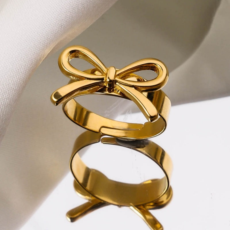Wholesale Ribbon Knot Heart Shape 18K Real Gold Adjustable Ring ACC-RS-RuiX001